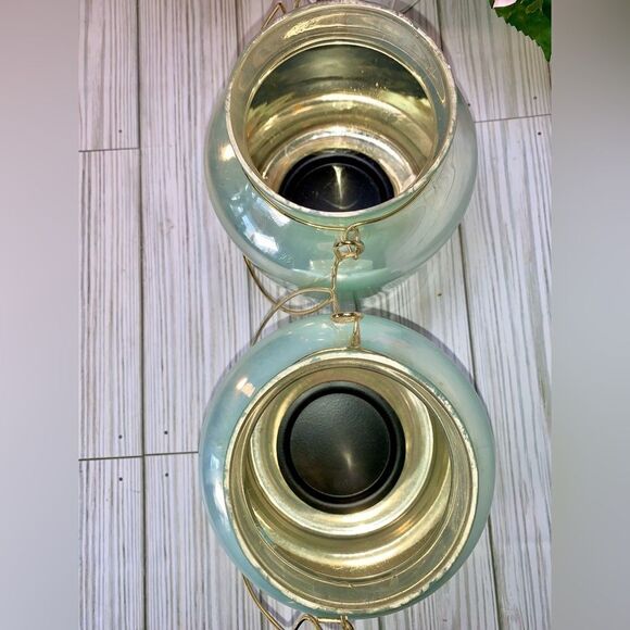 2 Metallic Sage Green Glass Candle Holders With Gold Tone Handle - Picture 2 of 7